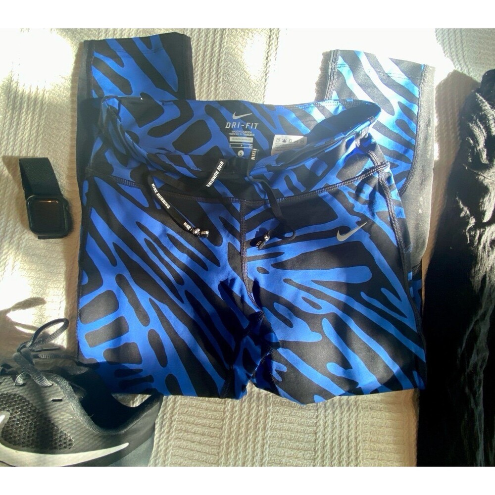 Nike DRI FIT cute Black / Blue print Stretch running Leggings Crop Capris NWOT